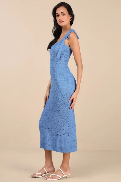 Lulus Adorable Darling Blue Crochet Tie-strap Midi Dress