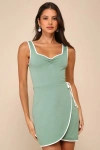 Lulus Adorable Decision Sage Green Sleeveless Faux-wrap Mini Dress In Sage Green