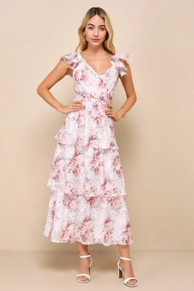 Lulus Adorable Direction Ivory Floral Burnout Tiered Midi Dress