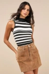 Lulus Adorable Disposition Charcoal Striped Mock Neck Sweater Tank In Grey