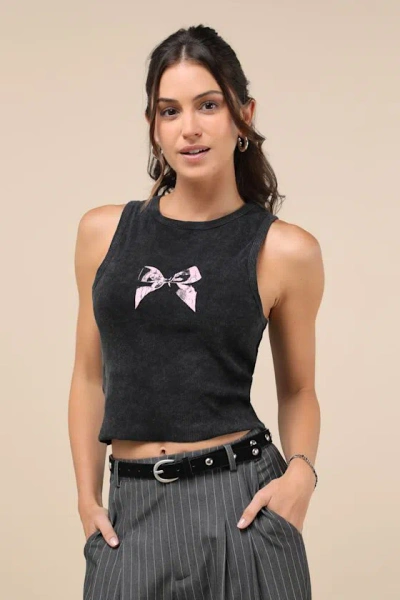 Lulus Adorable Edge Black Washed Bow Print Raw Hem Top