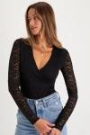 Lulus Adorable Embrace Black Lace Long Sleeve Bodysuit In Black