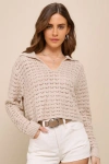LULUS ADORABLE ENTHUSIASM BEIGE POINTELLE COLLARED CROPPED SWEATER