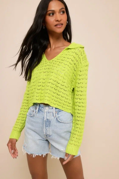 Lulus Adorable Enthusiasm Green Pointelle Collared Cropped Sweater