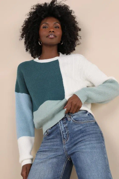 Lulus Adorable Expression Teal Multi Color Block Cable Knit Sweater