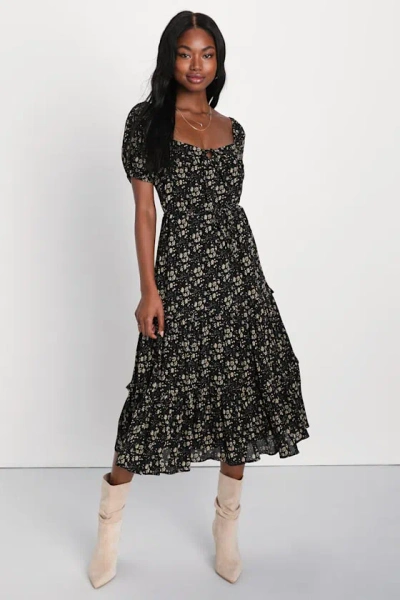 Lulus Adorable Ideal Black Floral Print Tiered Ruffled Midi Dress