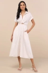 Lulus Adorable Impression Beige And White Midi Dress With Pockets In Beige And White