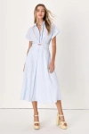 Lulus Adorable Impression White And Blue Midi Dress With Pockets In White And Blue