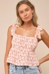 Lulus Adorable Mindset Ivory And Pink Floral Tie-strap Peplum Top In Ivory
