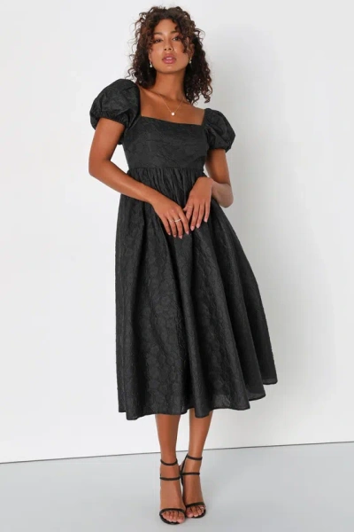 Lulus Adorable Mood Black Floral Jacquard Puff Sleeve Babydoll Dress