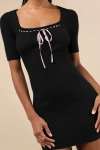 Lulus Adorable Motivation Black Ribbed Ribbon Sweater Mini Dress In Black