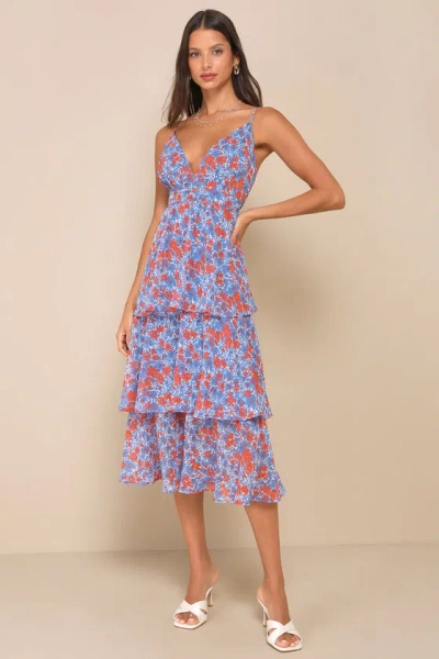 Lulus Adorable Obsession Blue Floral Print Lurex Tiered Midi Dress