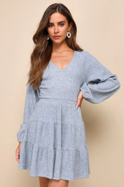 Lulus Adorable Option Heather Blue Long Sleeve Mini Sweater Dress
