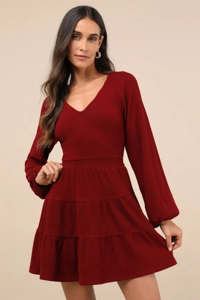 Lulus Adorable Option Wine Red Long Sleeve Mini Sweater Dress