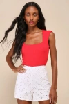 Lulus Adorable Perspective Ivory Eyelet Embroidered High-rise Shorts In Ivory