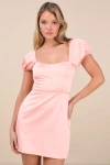 Lulus Adorable Poise Peach Pink Pearl Puff Sleeve Mini Dress In Peach