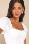 Lulus Adorable Poise White Pearl Puff Sleeve Mini Dress In White