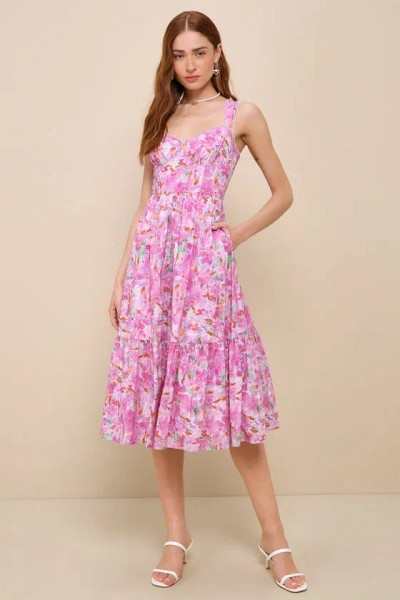 Lulus Adorable Presence Pink Floral Bustier Midi Dress With Pockets