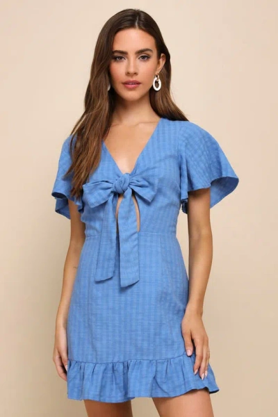 Lulus Adorable Sensibility Blue Cutout Tie-front Ruffled Mini Dress