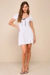Lulus Adorable Sentiments White Ribbed Puff Sleeve Ribbon Mini Dress In White