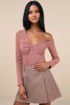 Lulus Adorable Simplicity Rusty Rose One-shoulder Sweater Top In Pink
