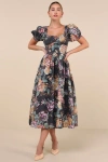 Lulus Adorable Tendencies Dark Grey Floral Puff Sleeve Midi Dress In Dark Grey