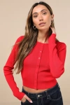 Lulus Adorable Theme Red Ribbed Knit Cropped Cardigan Sweater Top In Red