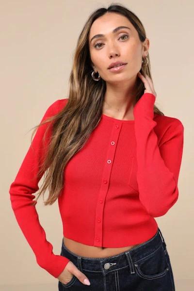 Lulus Adorable Theme Red Ribbed Knit Cropped Cardigan Sweater Top