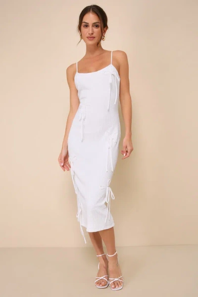 Lulus Adorable Trend White Ribbed Knit Sleeveless Bow Midi Dress