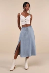 Lulus Adorably Achieved Light Wash Drawstring Chambray Midi Skirt In Blue