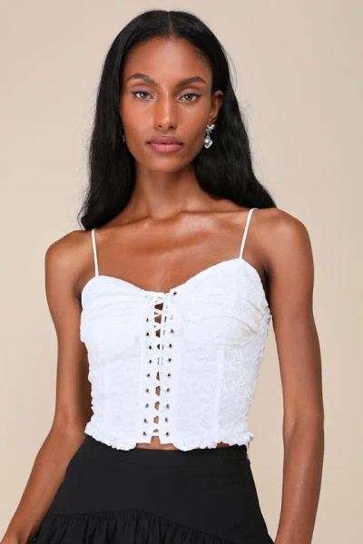 Lulus Adorably Enticing White Lace Bustier Lace-up Cropped Tank Top