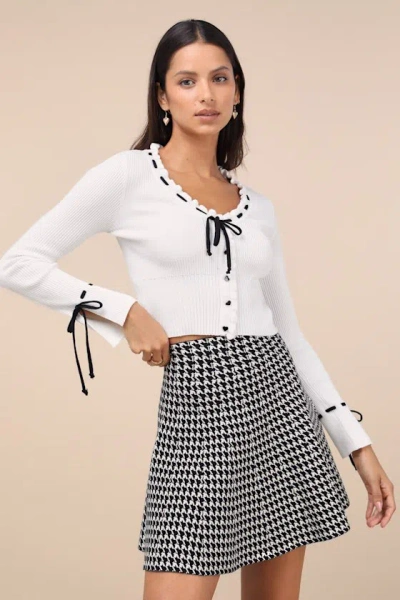 Lulus Adorably Flattering Ivory Ribbed Ruffled Bow Sweater Top