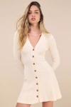 Lulus Adorably Flirty Ivory Button-front Sweater Mini Dress In Ivory