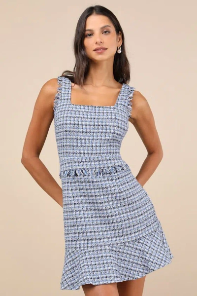 Lulus Adorably Luxurious Blue Tweed Raw Edge Sleeveless Mini Dress