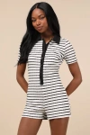 Lulus Adorably Playful White And Black Striped Textured Romper In Black