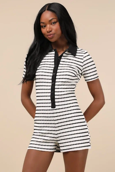 Lulus Adorably Playful White And Black Striped Textured Romper