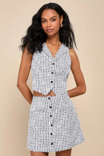 Lulus Adorably Poised Black And White Gingham Embroidered Mini Skirt
