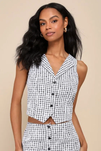 Lulus Adorably Poised Black And White Gingham Embroidered Vest