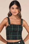Lulus Adorably Posh Dark Green Multi Plaid Tweed Crop Top In Dark Green