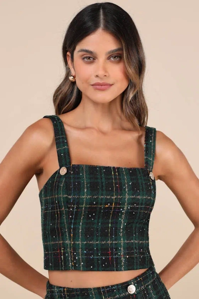 Lulus Adorably Posh Dark Green Multi Plaid Tweed Crop Top