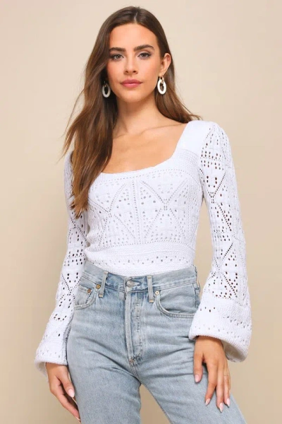 Lulus Adorably Styled Ivory Crochet Long Sleeve Sweater Top