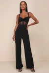 Lulus Adore The Feeling Black Sheer Lace Bustier Twist-front Jumpsuit In Black
