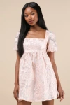 Lulus Adored Mood Pink Jacquard Puff Sleeve Tie-back Mini Dress In Pink