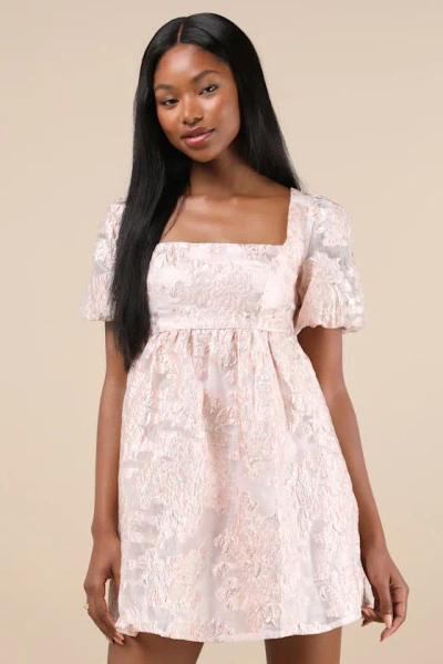 Lulus Adored Mood Pink Jacquard Puff Sleeve Tie-back Mini Dress