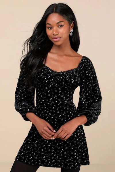 Lulus Adored Perfection Black Floral Velvet Balloon Sleeve Mini Dress