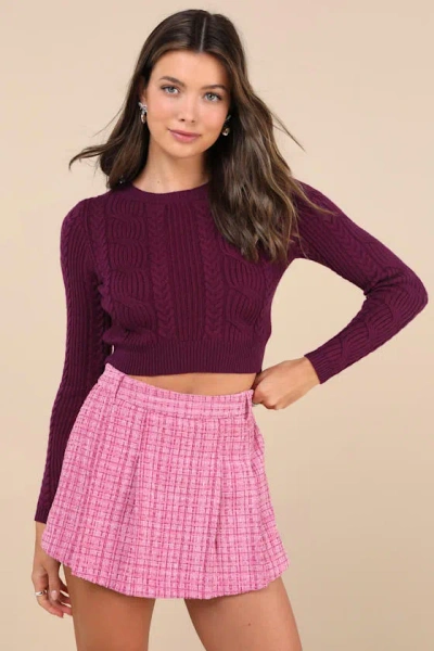 Lulus Adored Pose Pink Tweed Lurex Pleated High Rise Skort