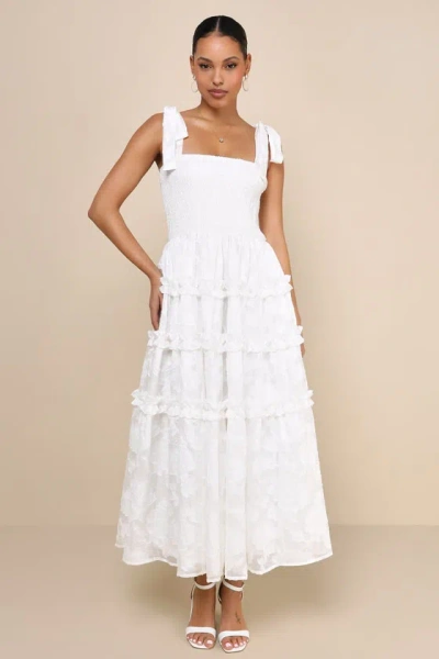 Lulus Adored Vibe White Floral Burnout Smocked Tie-strap Midi Dress