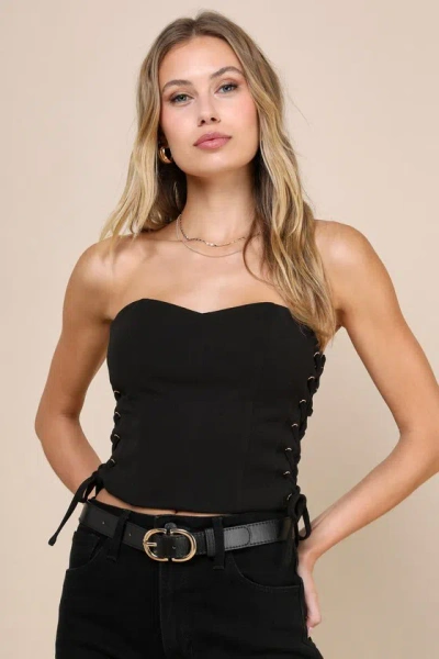 Lulus Adoring Allure Black Strapless Lace-up Bustier Crop Top