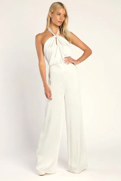 Lulus Adoring Angel Ivory Satin Wide-leg Halter Jumpsuit