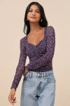 Lulus Adoring Desire Dark Purple Floral Print Mesh Ruched Bodysuit In Purple